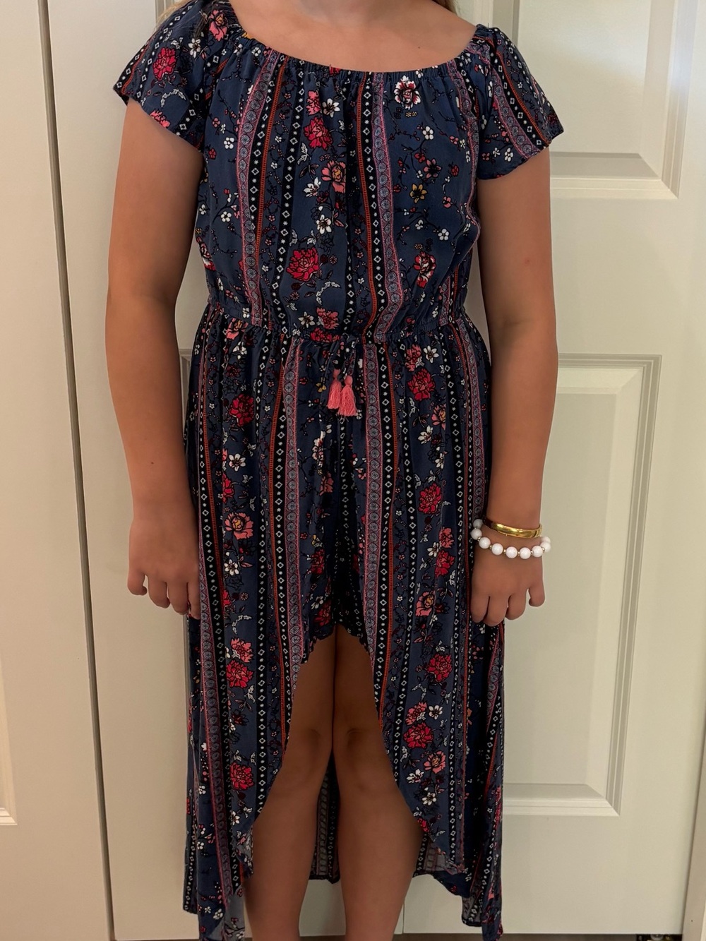 Girls Navy Floral Off-Shoulder High-Low Dress with Tassel